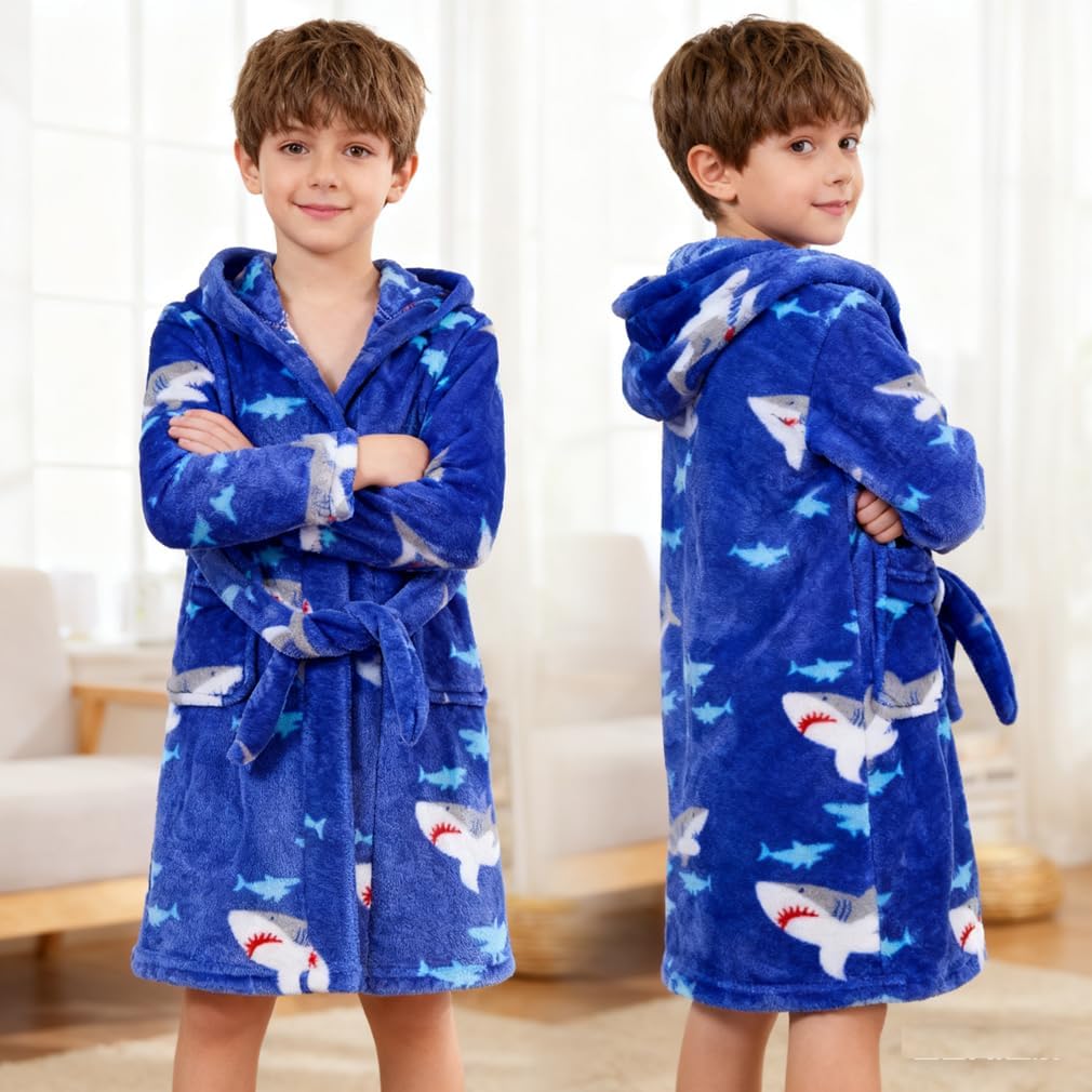 Boys Girls Bathrobes,Toddler Boy Girl Robes,Children's Plush Soft Coral Fleece Hooded Pajamas Sleepwear for Kids