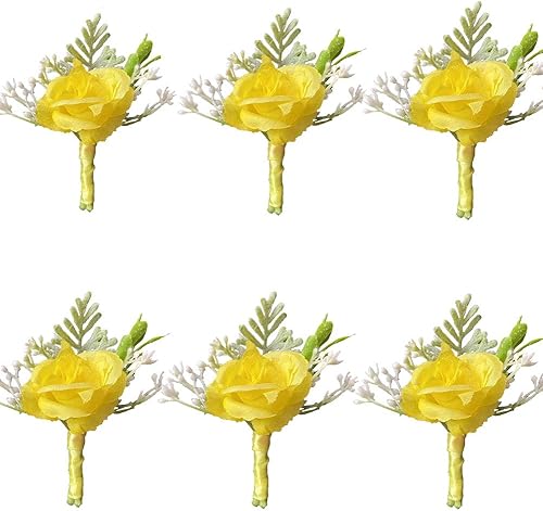 6 unidslote Novio Boutonniere Hombre Mujer Novia Muñeca Ramillete Artificial Boda Flores Decoración Fiesta (Amarillo, Boutonniere)