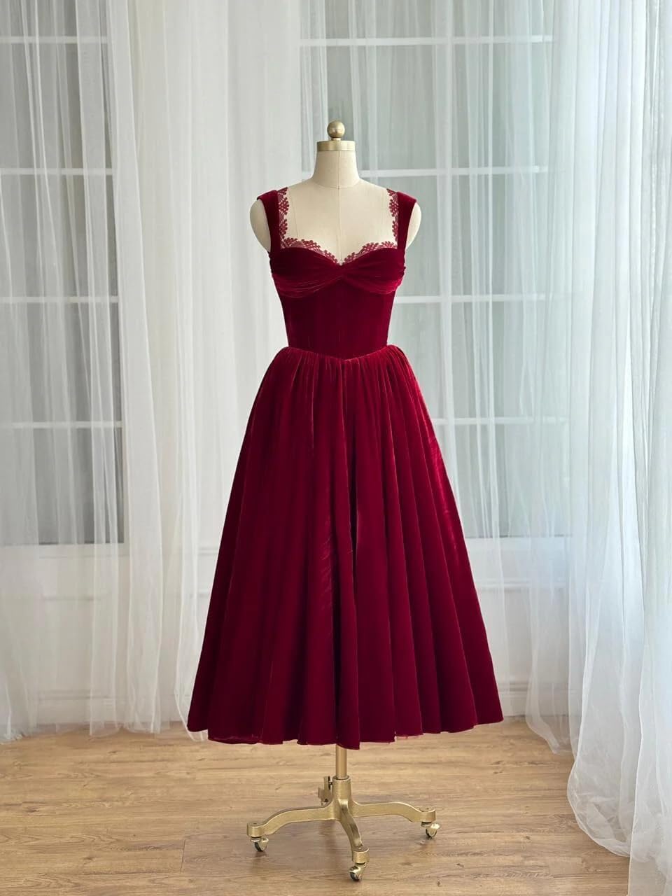 Womens Velvet Midi Prom Dresses for Teens 2026 Lace Tea Length Party Dress Pleated A Line Formal Evening Gown