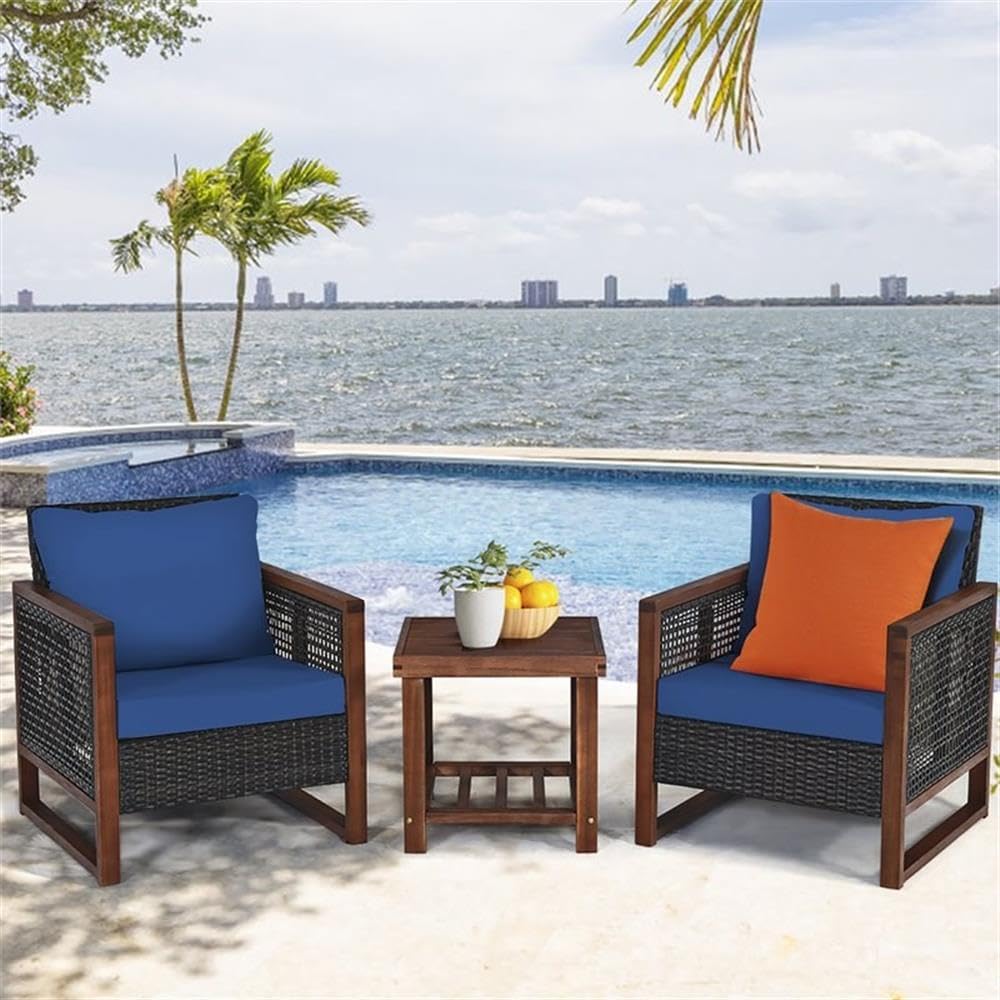 Pemberly Row 3-Piece Rattan Patio Furniture Set, Navy Finish, Square Acacia Wood Table with 2-Tier Shelving, Beige Cushions, Compact Wicker Chairs for Balcony, Porch, Poolside Relaxation