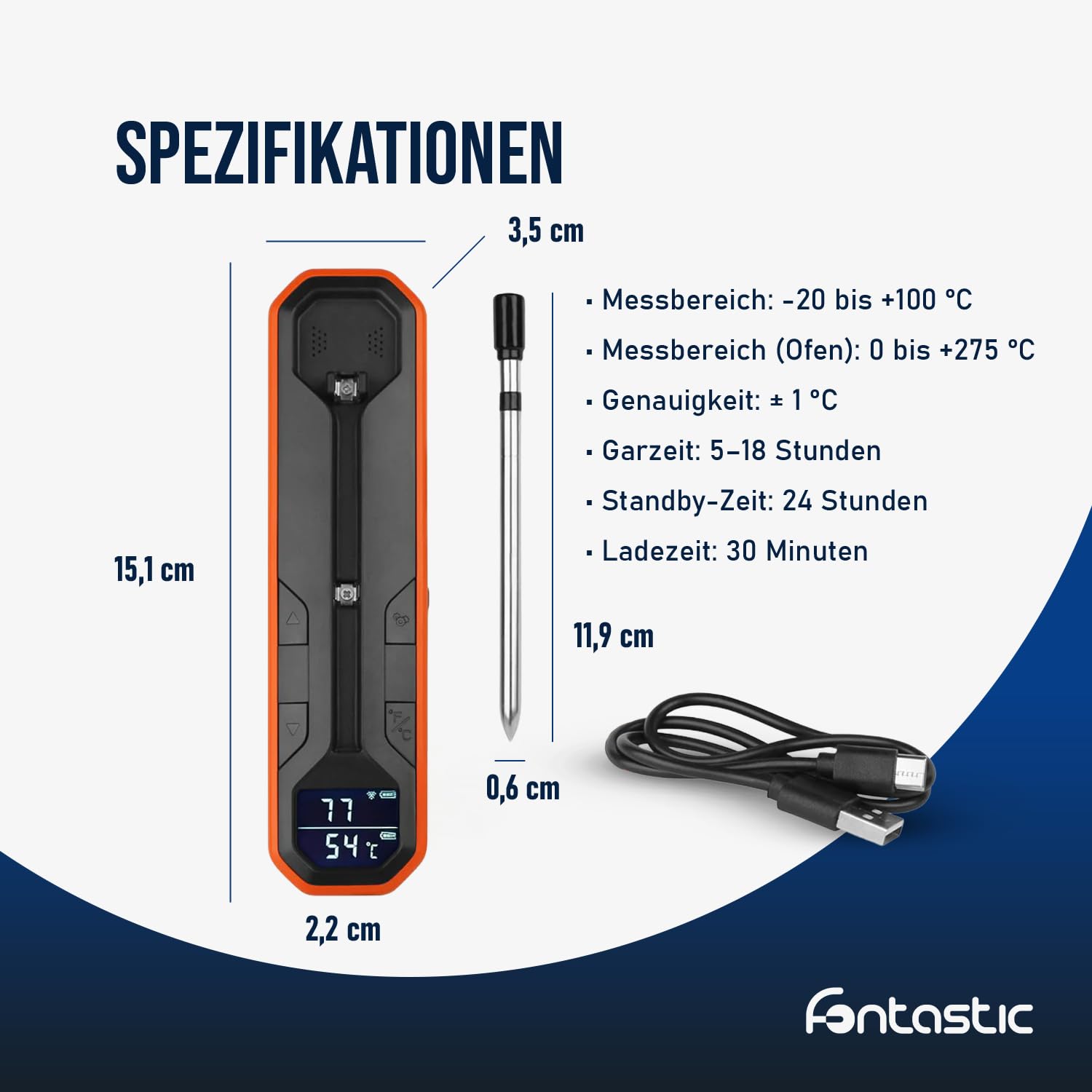 Fontastic “Foca” Fleischthermometer kabellos mit App – Grillthermometer für punktgenaues BBQ, Thermometer kochen 0-275°C, Grillthermometer Bluetooth aus Edelstahl mit Keramik-Griff, IP67