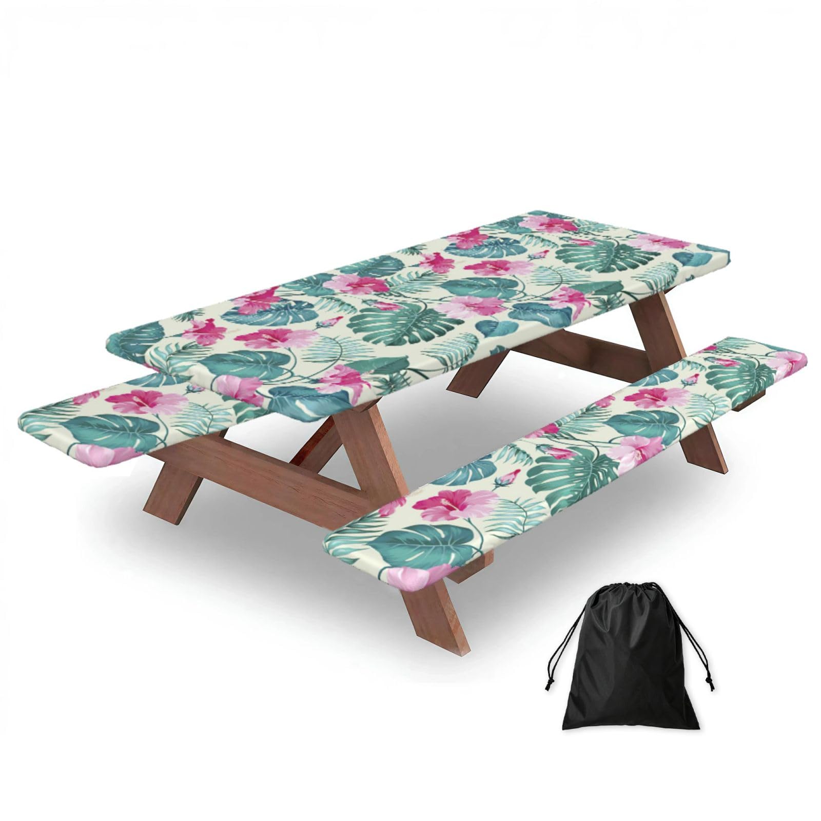 Yqxwjl Black Palm Tree Leaf Print Camping Essentials Waterproof Camping Table And Bench Cover With Drawstring Bag 183 Cm