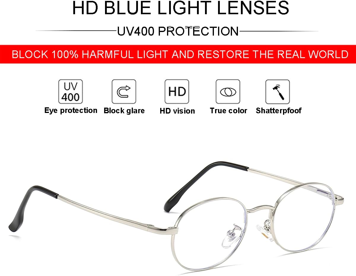 JOVAKIT Retro Oval Blue Light Blocking Glasses for Women Vintage Fashion 90s Small Oval Metal Frame Computer Eyeglasses