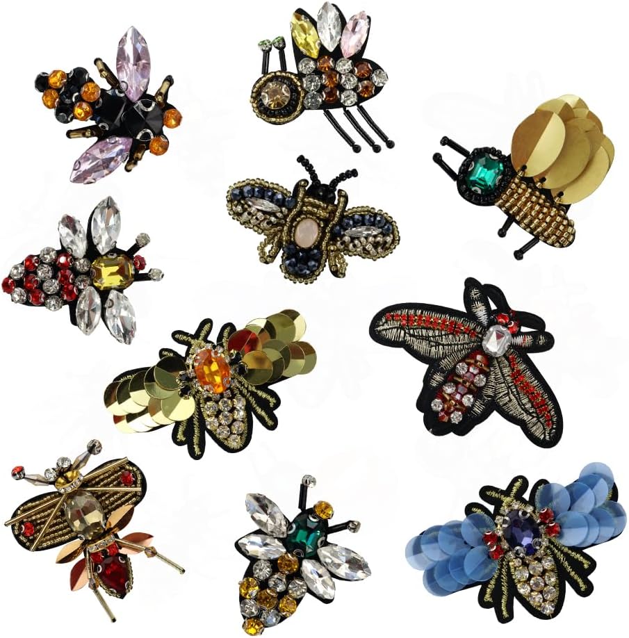 Handmade Rhinestone Beaded&Sequin Patches, Bees Sew on Crystal Pearl Patch for Clothes Beaded Applique Cute Patch 10piece