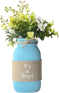 It's a Boy Centerpieces for Tables - Boy Baby Shower Centerpiece – 32 oz Hand-Painted Distressed Jar – Rustic Farmhouse Decor for Boy Baby Shower - Blue Centerpiece Boy (It's a Boy w/greenery/ivory)