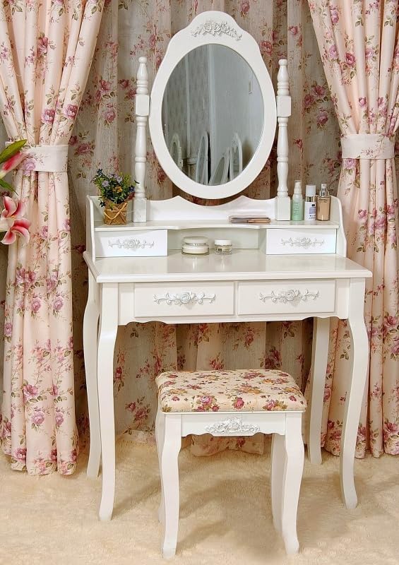 Vanity Table Set, 4 Drawers Makeup Table with Oval Mirror & Stool, Bedroom Wood Dressing Table White