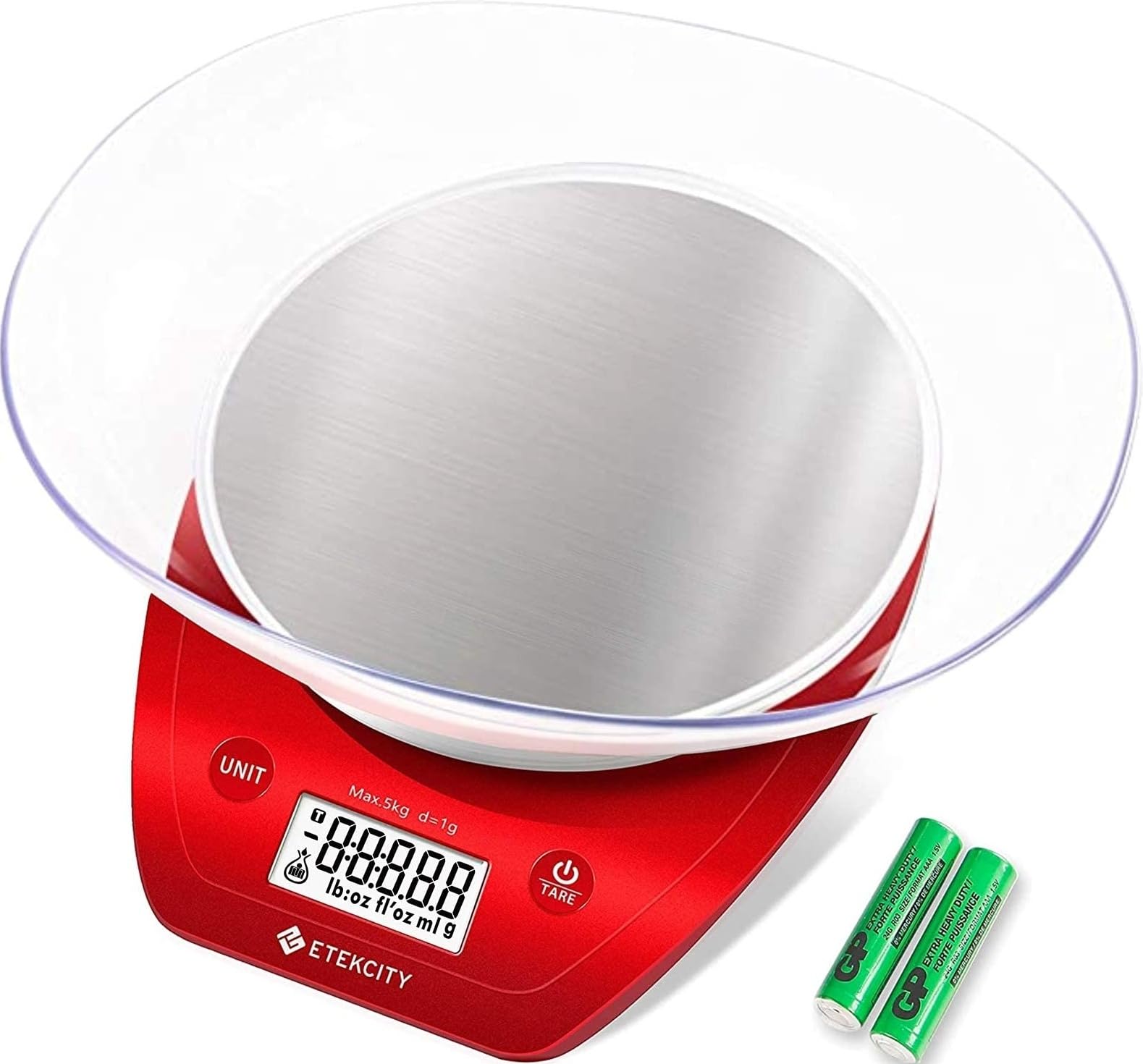 Etekcity Cuenco de cocina de 0.1 g, regalo para hornear, cocinar, preparación de comidas, dieta, ceto y pérdida de peso, 11 libras, acero inoxidable rojo