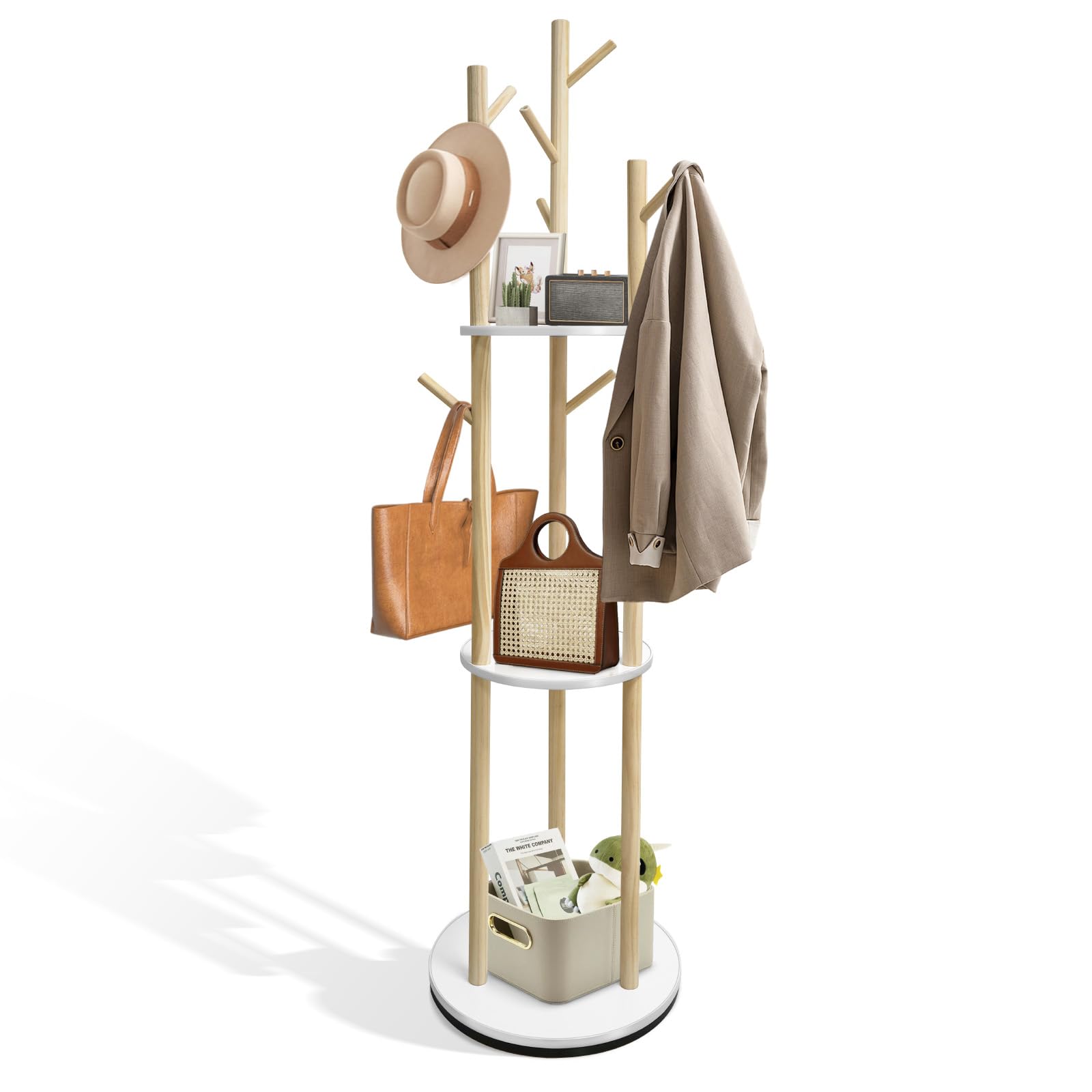 SUNDOY Drehbarer Garderobenständer aus Massivholz, 3 Ablagen & 9 Haken, stabil & einfach zu montieren, für Flur & Schlafzimmer, 165×41×41 cm, für Hüte, Schals & Taschen (Drehbare Garderobe)