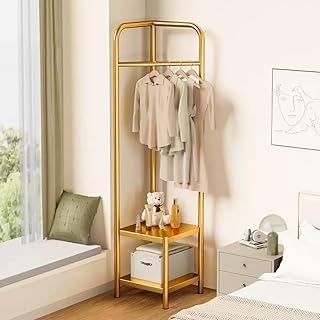 Coat Rack Stand,2 In 1 Corner Coat Rack For Bedroom, Metal Clothes Rail Clothes Rack With Tiered Shelf, Free Standing Coat Rack For Entryway, Entryway Organizer, White/Gold/Black(Gold)