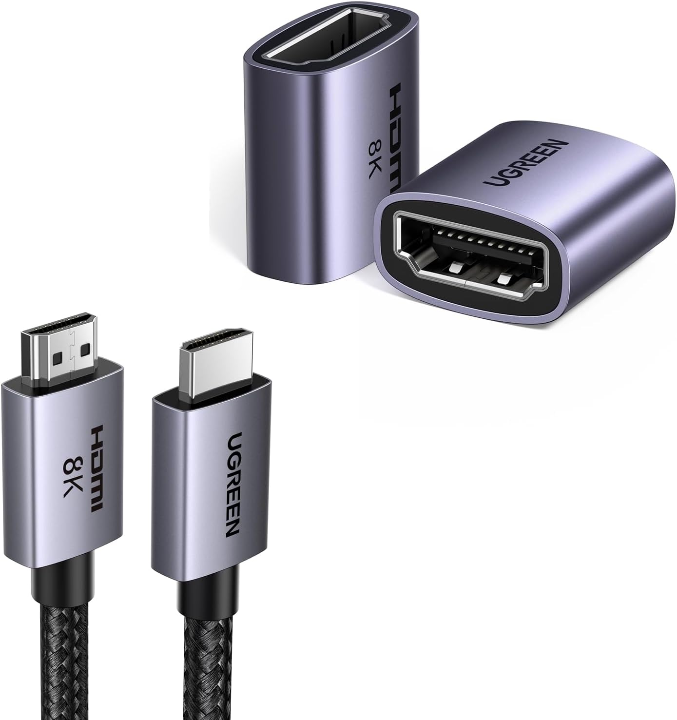 UGREEN 8K HDMI 2.1 Cable 48Gbps 10FT, Certified Ultra High Speed HDMI Cord Aluminum Bundle with HDMI Coupler 2 Pack, 8K@60Hz HDMI Female to Female Adapter HDMI 2.1 Connector 3D 4K@240Hz