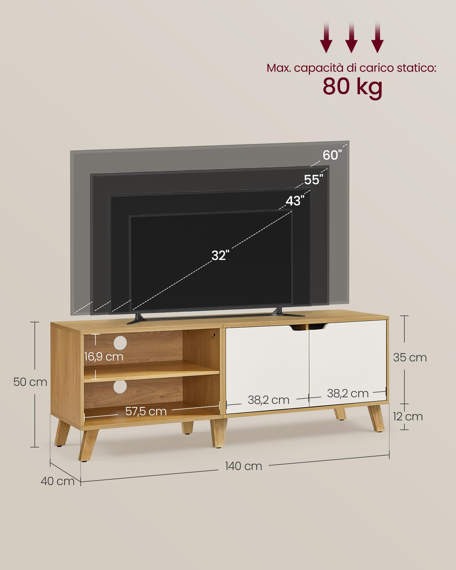 VASAGLE Mobile TV per Televisore fino a 60 Pollici, Armadietto per TV con 2 Ante, Ripiani Regolabili, Lungo 140 cm, per Soggiorno, Camera da Letto, Rovere Naturale e Bianco Crema LTV027N01