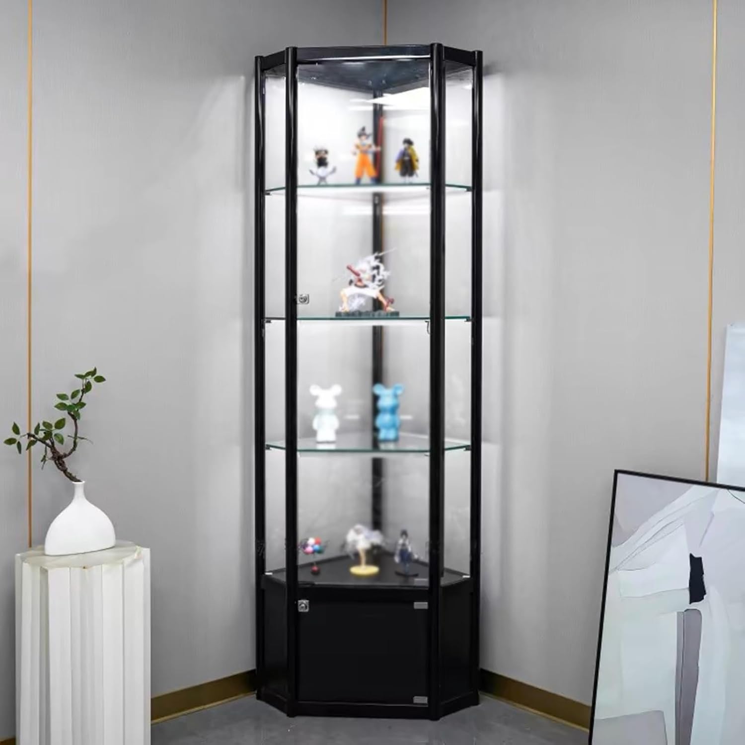 Display Cabinet,Heavy Duty Glass Display Cabinet for Living Room, Tempered Glass Corner Display Cases for Collectibles, 4 Tier Locking Liquor Cabinet Adjustable(Black,180x40