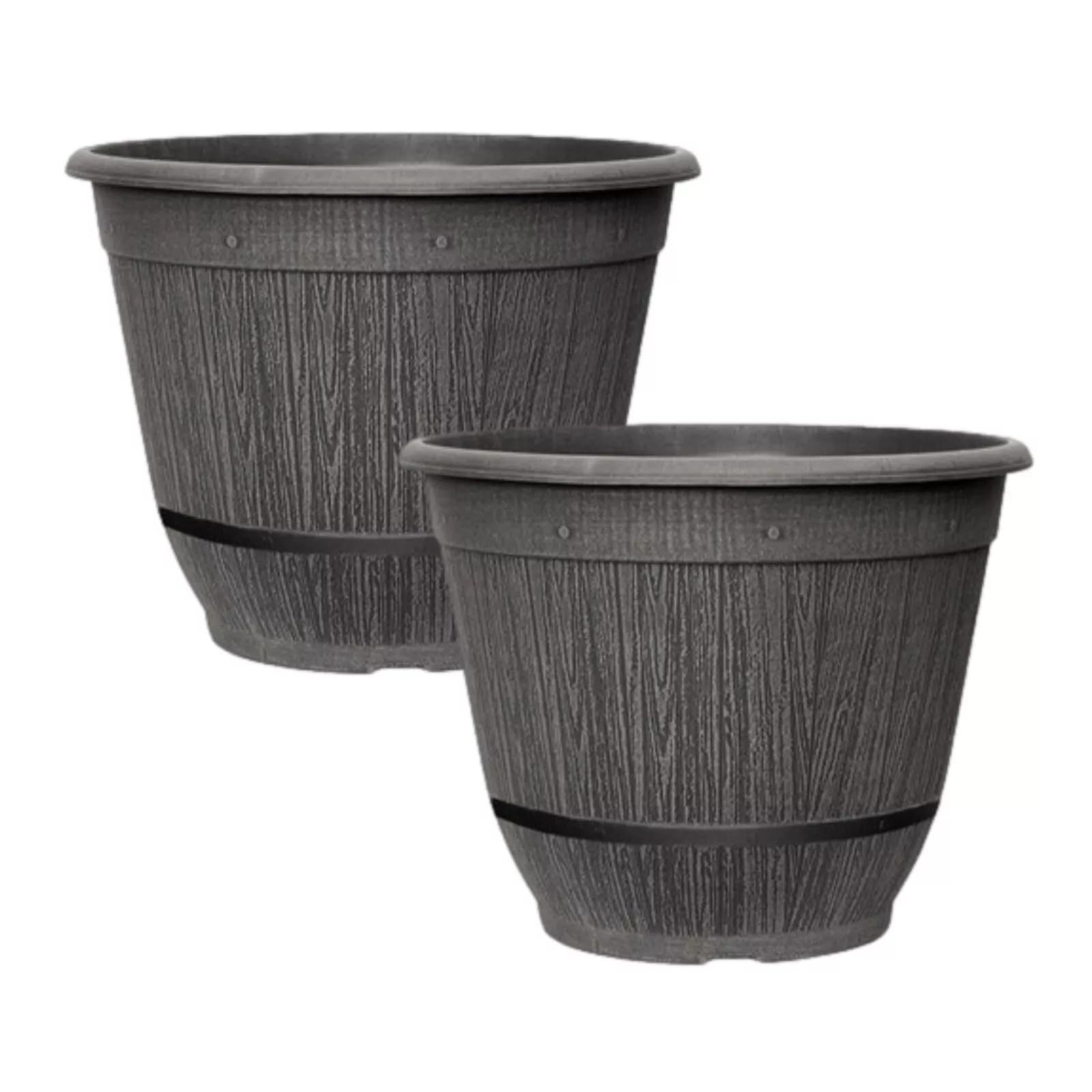 Fyne-Finds Grey Round Plant Pot Plastic 35Cm, 14Inch Cask Bell With Band 17L Garden Patio Indoor Outdoor Planter (2)