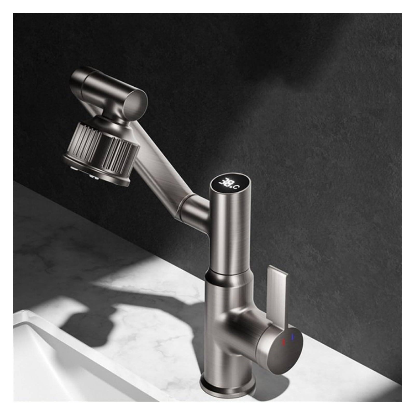 Mitigeur mélangeur rotatif 360 métal gris avec pulvérisateur 4 modes
