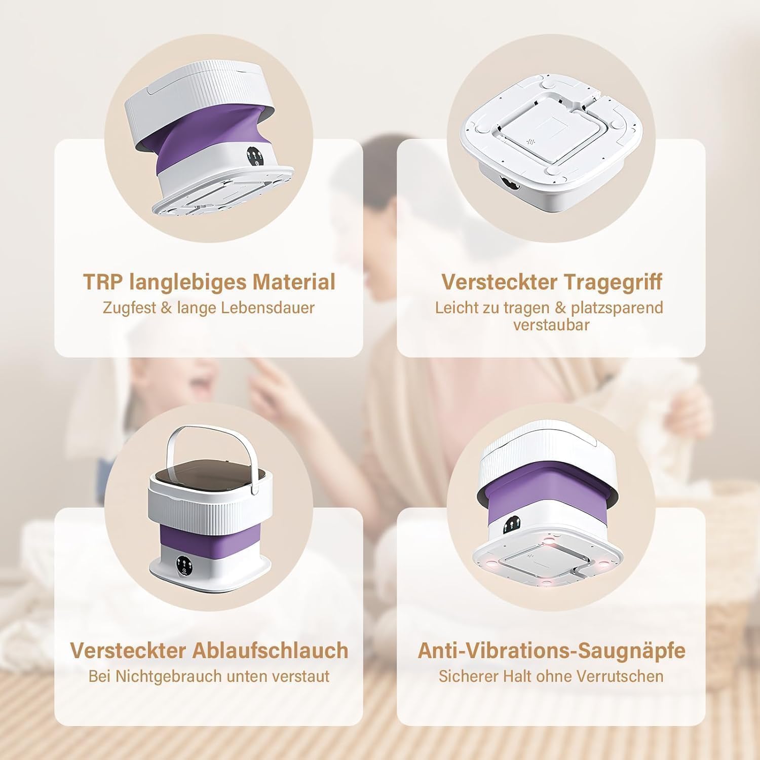 Mini Waschmaschine Faltbar Tragbare Waschmaschine – 10L Folding Waschmaschine mit Schleuderfunktion, Touchscreen & 3 Waschmodi, Tragbare Campingwaschmaschine für Reisen, Studenten, Wohnmobil