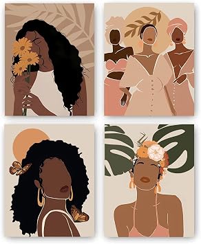 African American Woman Art,Modern Minimalist Black Woman Leaf Art Painting,Girl Wall Art Fashion Pop Boho Queen Girl Room Poster Painting Female Bathroom Bedroom Dressing Room Wall Home Decor,Set of 4 8"X 10"No Frame