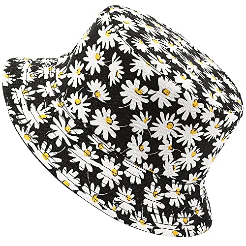 Mimfutu Bucket Hat For Women Girls, Double-Side-Wear Reversible Fisherman Beach Sun Hats (Daisy Black) #TOP1