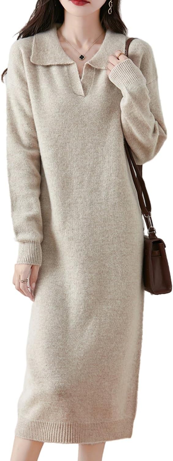 Sweater Dress Women's Long Sleeve 100% Merino Wool Knitted Pullover Flip Collar Fall Winter Long Tops