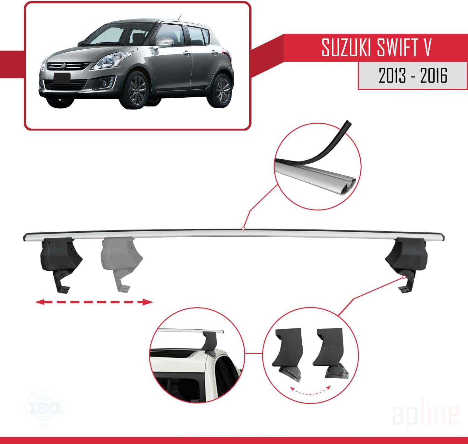 Compatible with Suzuki Swift 2 Post-Facelift 2013-2016 ACE-4 Car Roof Rack Cross Bar Grey Aluminium 2 Bars