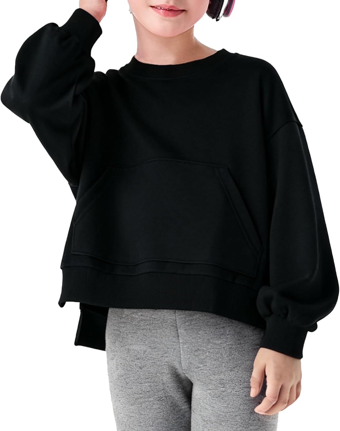 Girls Sweatshirts Pullover Tops Oversized Crew Neck Girls Casual Long Sleeve Shirts with Kangaroo Pocket, 5-14Y