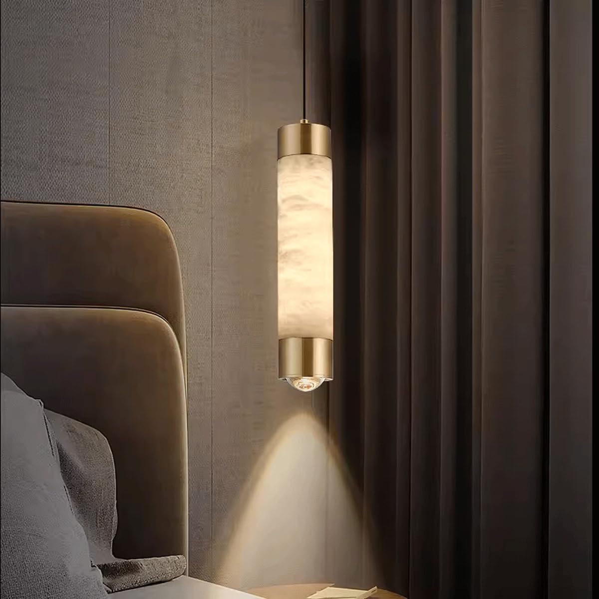 White Marble Light Brass 2 Long Bedside Hanging Ceiling Light Cylinder Tube Linear Chandelier Natural Stalabaster Lighting for Kitchen Island Bedroom Dining Room