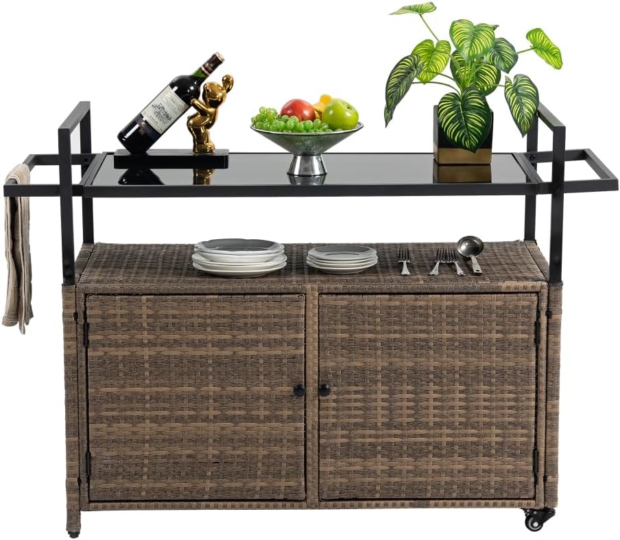Outdoor Wicker Bar Cart, with Wheels and Glass Top for Porch Backyard Garden Poolside Party, Black (Light Brown + Steel + Garden & Outdoor)