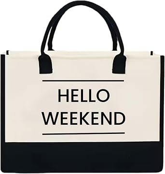 JOLLQUE Hello Weekend Beach Tote Bag, Large Waterproof Travel Foldable Canvas Handbag Purse, Summer Shoulder Bags for Women