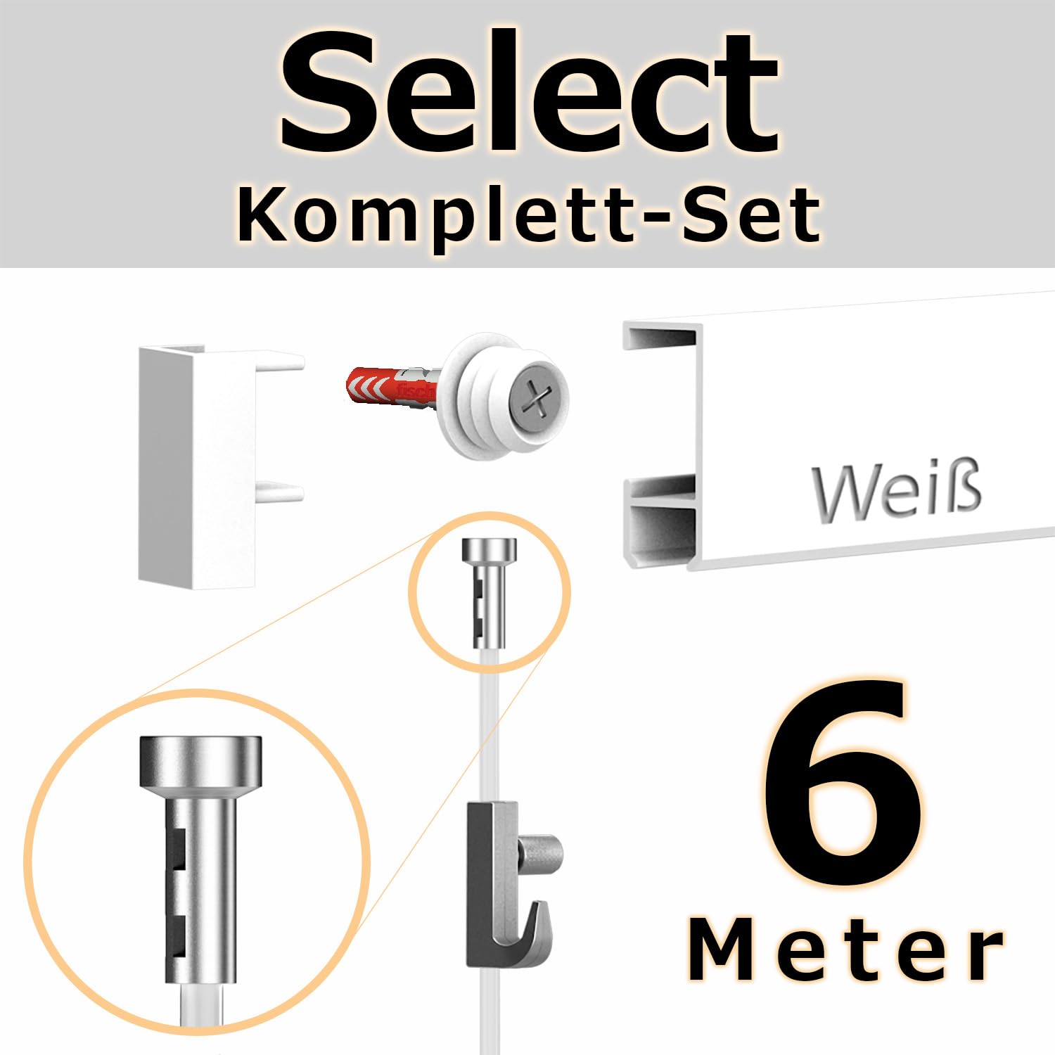 6 Meter Bilderschienen - Select - Komplett Set in Weiß von Hang-it