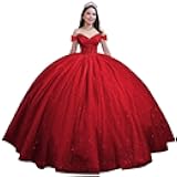 Glitter Tulle Quinceanera Dresses with Train Off Shoulder Beaded Sweet 16 Dresses Pleated Long Ball Gown for Women