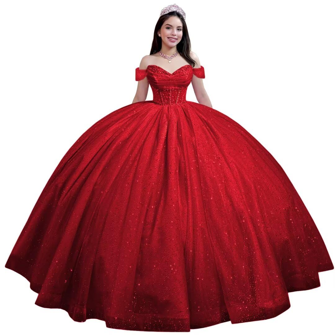 Youjiayi Glitter Tulle Quinceanera Dresses with Train Off Shoulder Beaded Sweet 16 Dresses Pleated Long Ball Gown for Women