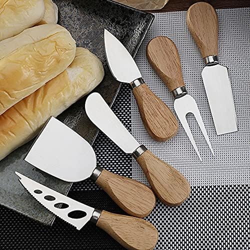 Cheese Knife Gift Set 6 Pcs Stainless Steel Pizza Cutter Cheese Slicer with Wooden Handle Perfect for Christmas Halloween Party. (Wood Color)