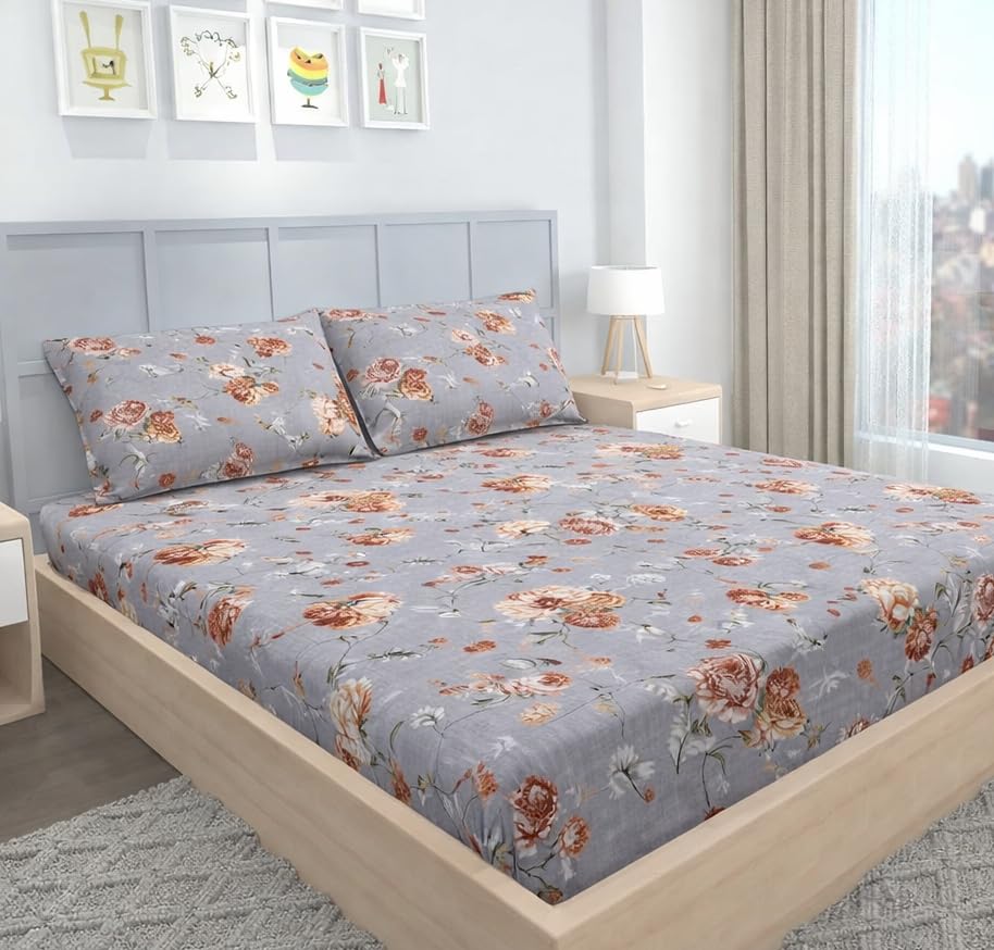 Image of BEVI - Home Super Fabric 300 TC Microfiber Single Bedsheet Without Pillow Cover - Printed Grey Flower - Size 60x90 inches