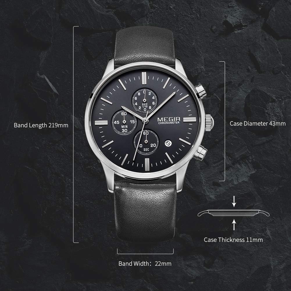 Diagram showing dimensions of Megir M-2011-2 Chronograph Watch