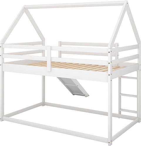 Miniatura 5 de SOFTSEA Litera individual sobre individual con tobogán, literas bajas de casa (blanco, litera de casa con tobogán)