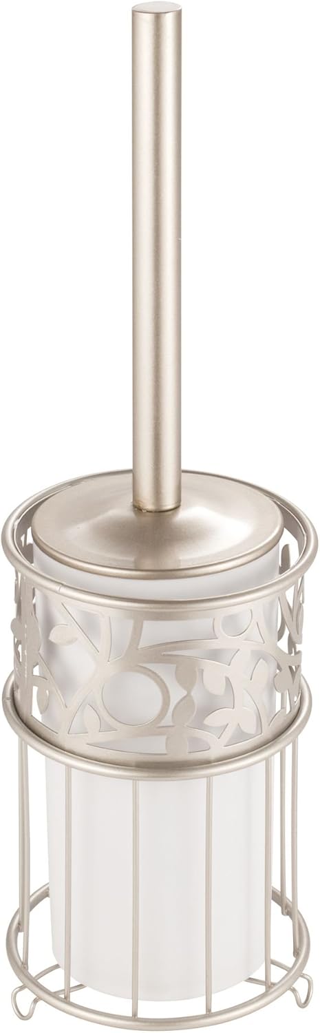 iDesign Vine Metal Toilet Bowl Brush and Holder for Bathroom Cleaning and Storage, 5" x 5" x 16.75" - Vanilla White and Satin Silver