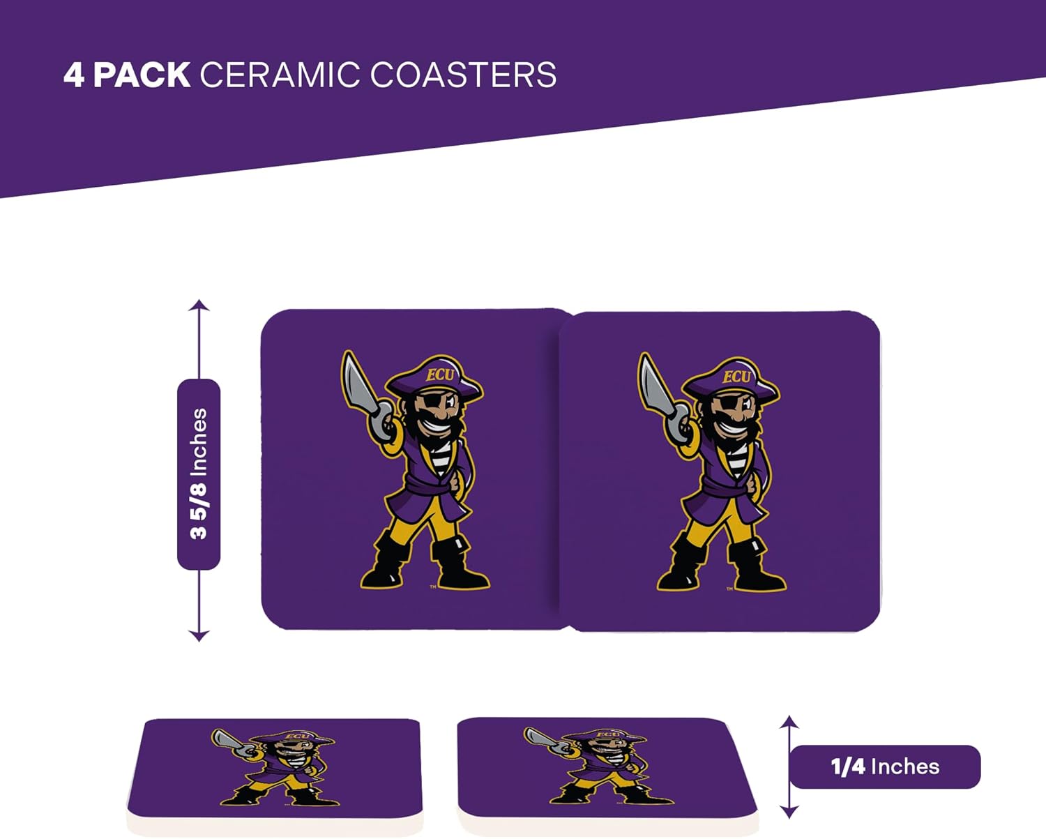 Desert Cactus East Carolina University Coaster ECU Pirates Water Absorbent Drink Square Coasters - Made from Natural Sandstone (Square 4 Pack - E)