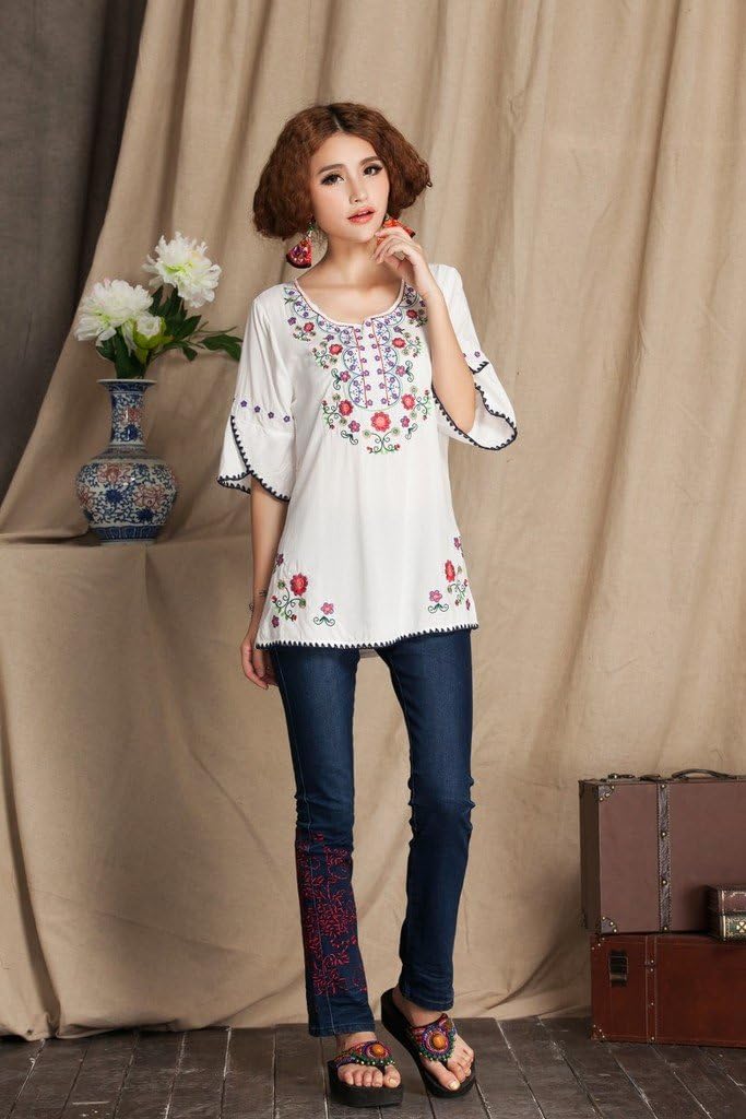 Mexican Shirts Peasant Blouses Cotton Embroidered 3/4 Sleeve Bohemian Tops Boho Clothes for Women Summer Fiesta - Image 6