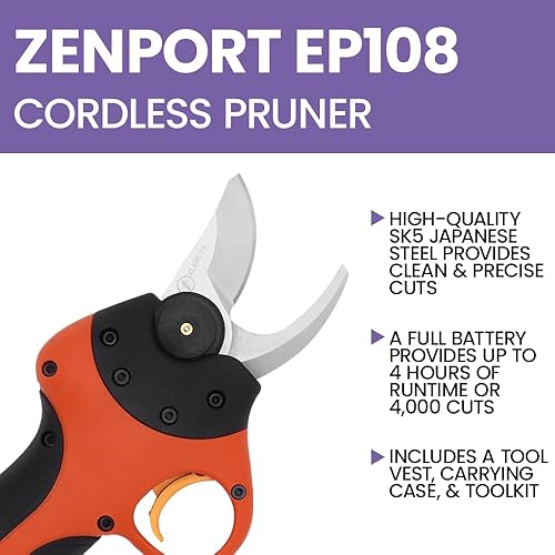 Miniatura 9 de Zenport Podadora eléctrica inalámbrica EP108, podadora eléctrica con batería pequeña, corte de 1 pulgada
