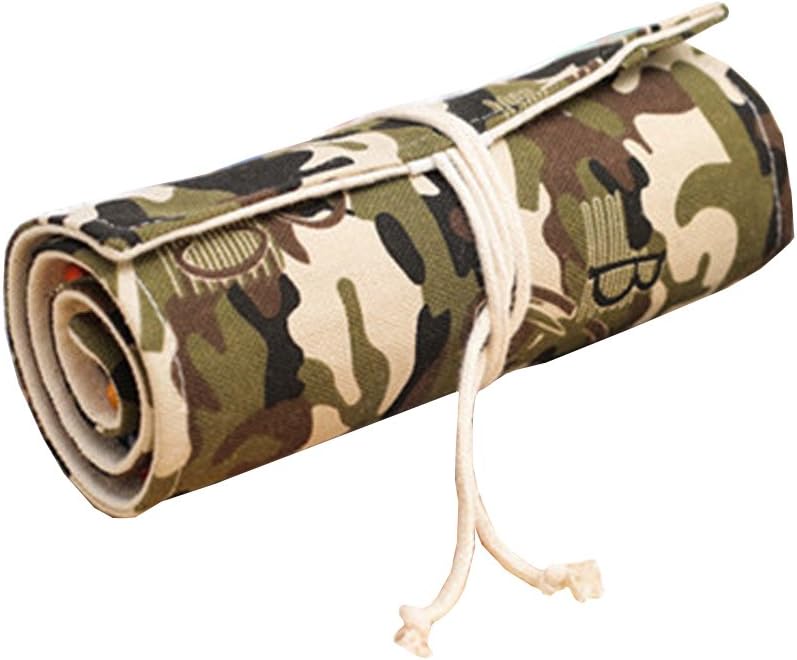 Hflove Unisex Pencil Bag Canvas 48 Holes Canvas Roll Pen Bag Camouflage Drawing Pencils Case