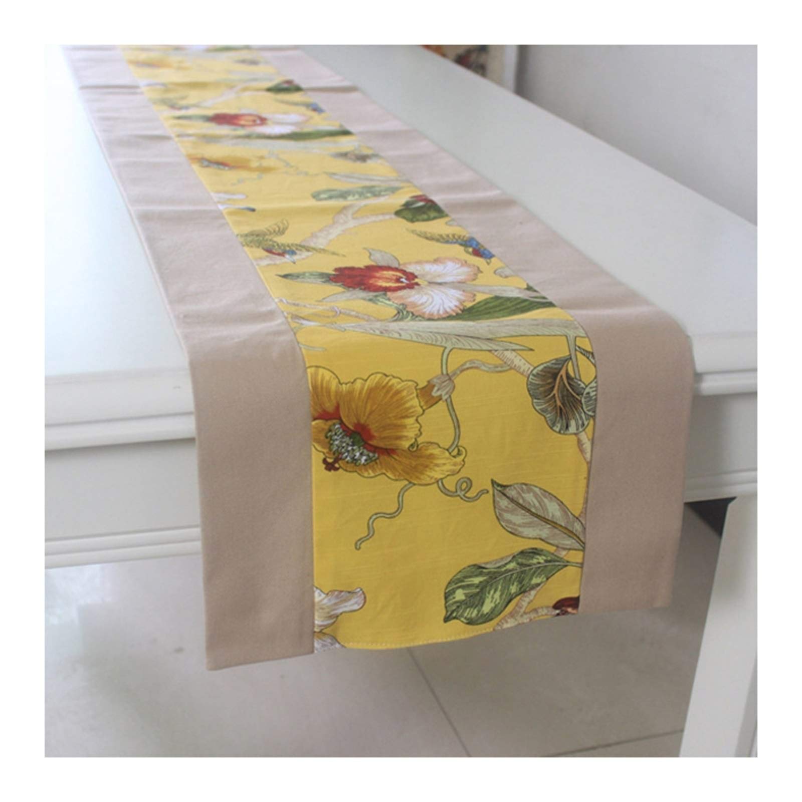 Runner da Tavolo, Runner Autunnale 200 Giallo Cachi Tela di Cotone Fiori e Uccelli Idilliaci Runner Tavola Decorazioni Autunnali 32x200cm