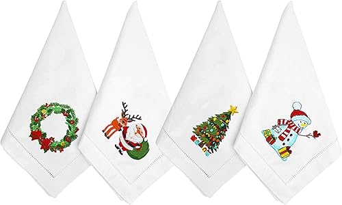 Servilletas bordadas de algodón, juego de 4 servilletas de tela de 18 x 18 pulgadas, mezcla de muñeco de nieve y corona de laurel, servilletas de