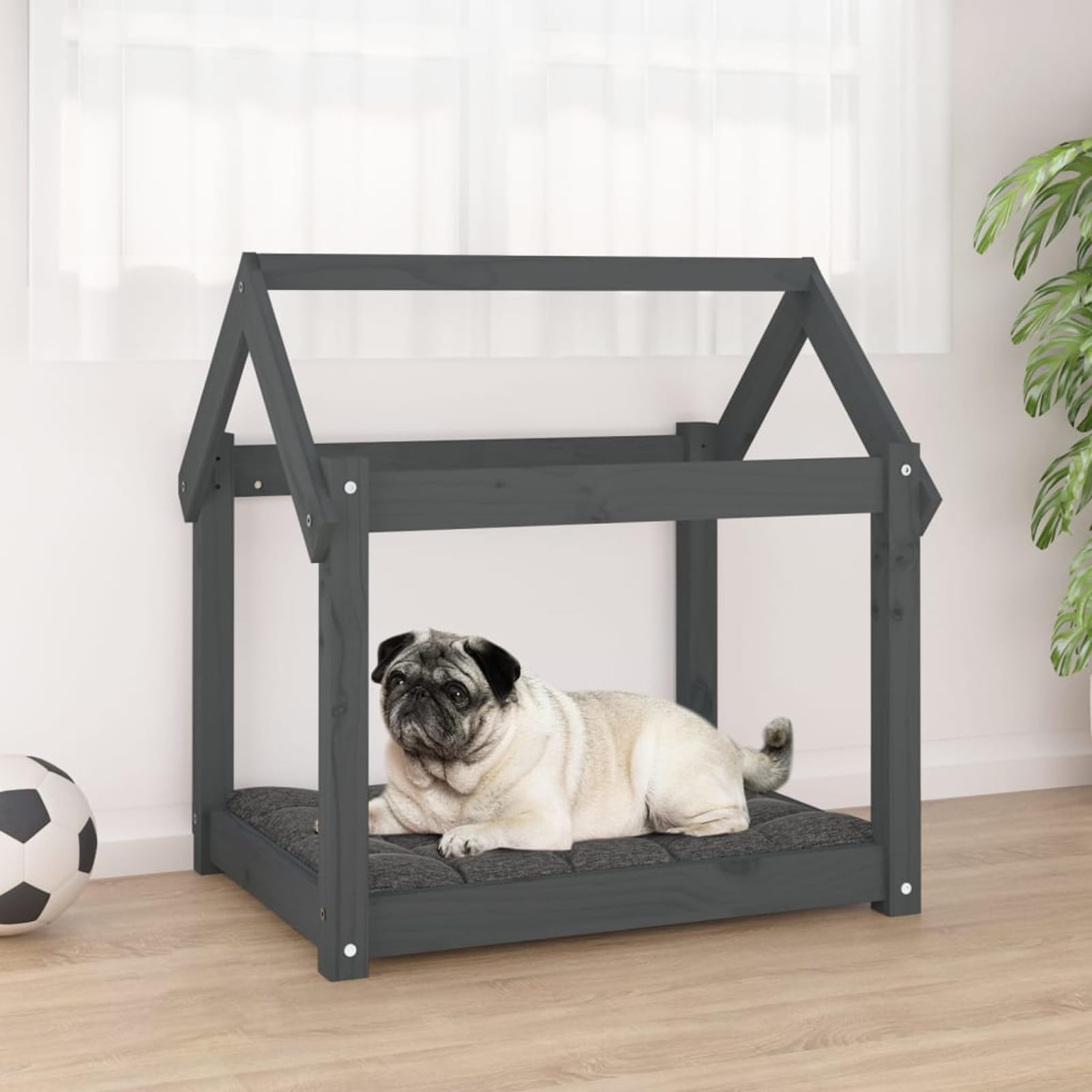 Legowisko dla psa, szare, 71 x 55 x 70 cm, lite drewno sosnowe | Lite drewno sosnowe, stabilna rama drewniana, prosty design do minimalistycznych pomieszczeń mieszkalnych