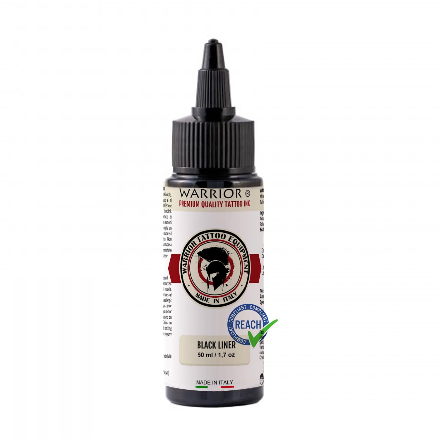 WARRIOR Tinta Permanente para Tatuaje Black liner Tinta para Tatuaje Made in Italy Reglamento UE 2024 Pigmentos para la línea corporal y relleno BLACK LINER-50 ml