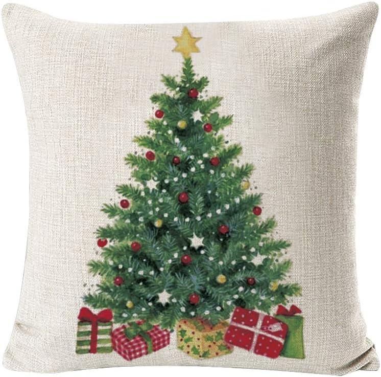 INSHERE Merry Christmas Tree 4 Pack Throw Pillow Covers Only Decorative Square Pillowcases Cotton Linen Cushion Cover 18 X 18 Inch (Christmas 1)