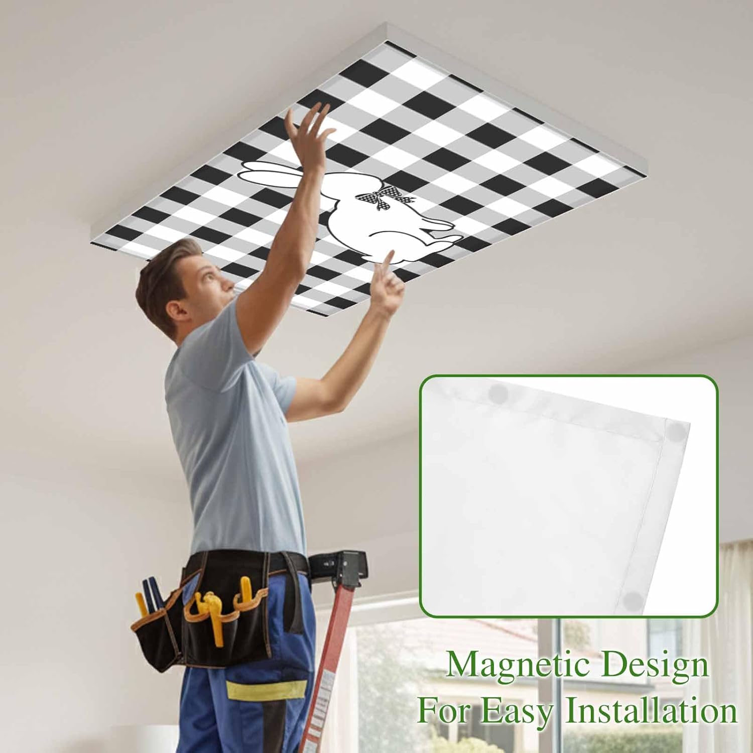 2x4 ft Fluorescent Light Cover for Ceiling Happy Easter Bunny Silhouette Bow Magnetic Light Filters, Black White Plaid Ceiling Lampshades for Home School Office 4Pcs