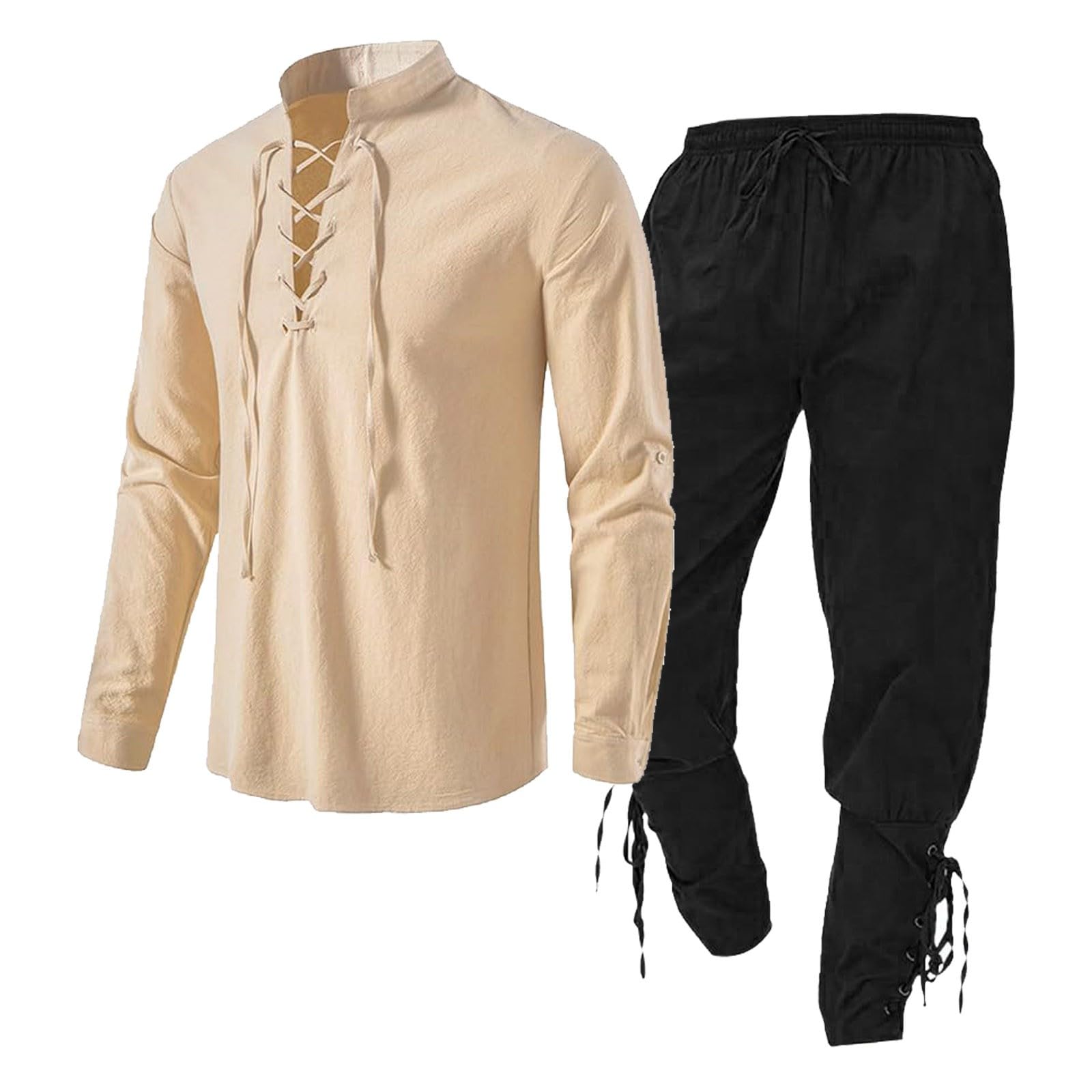 Medieval Men's Clothing Set, Linen Shirt and Pants with Ankle Straps Viking Costume Set Lace Up Tunic Top Outfit for Theme Parties Renaissance Fairs (Beige, S)