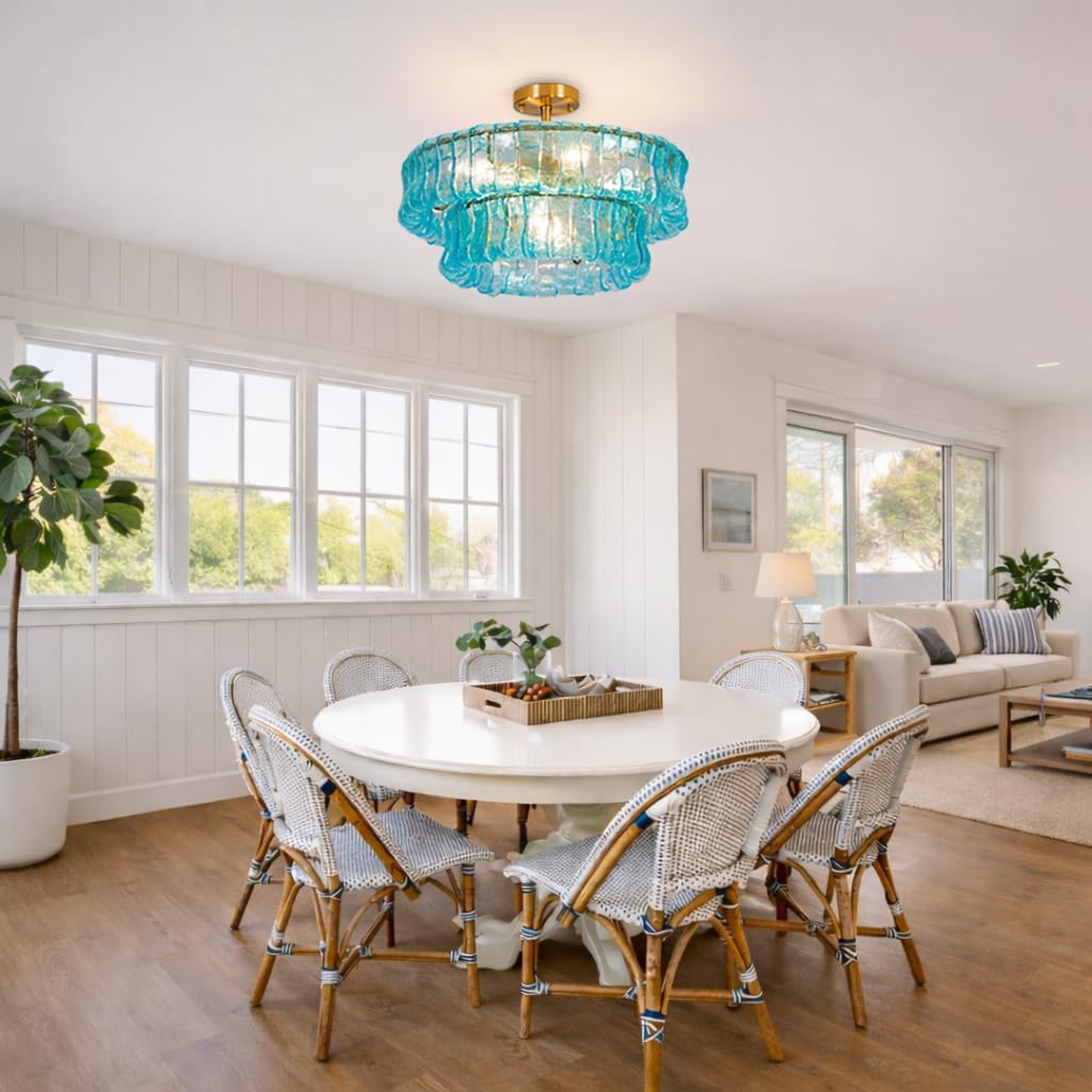 Maxax 20" Crystal Glass Chandelier, Modern Blue 6-Light Round Drum Ceiling Light Fixture, Electroplated Copper E12 Base