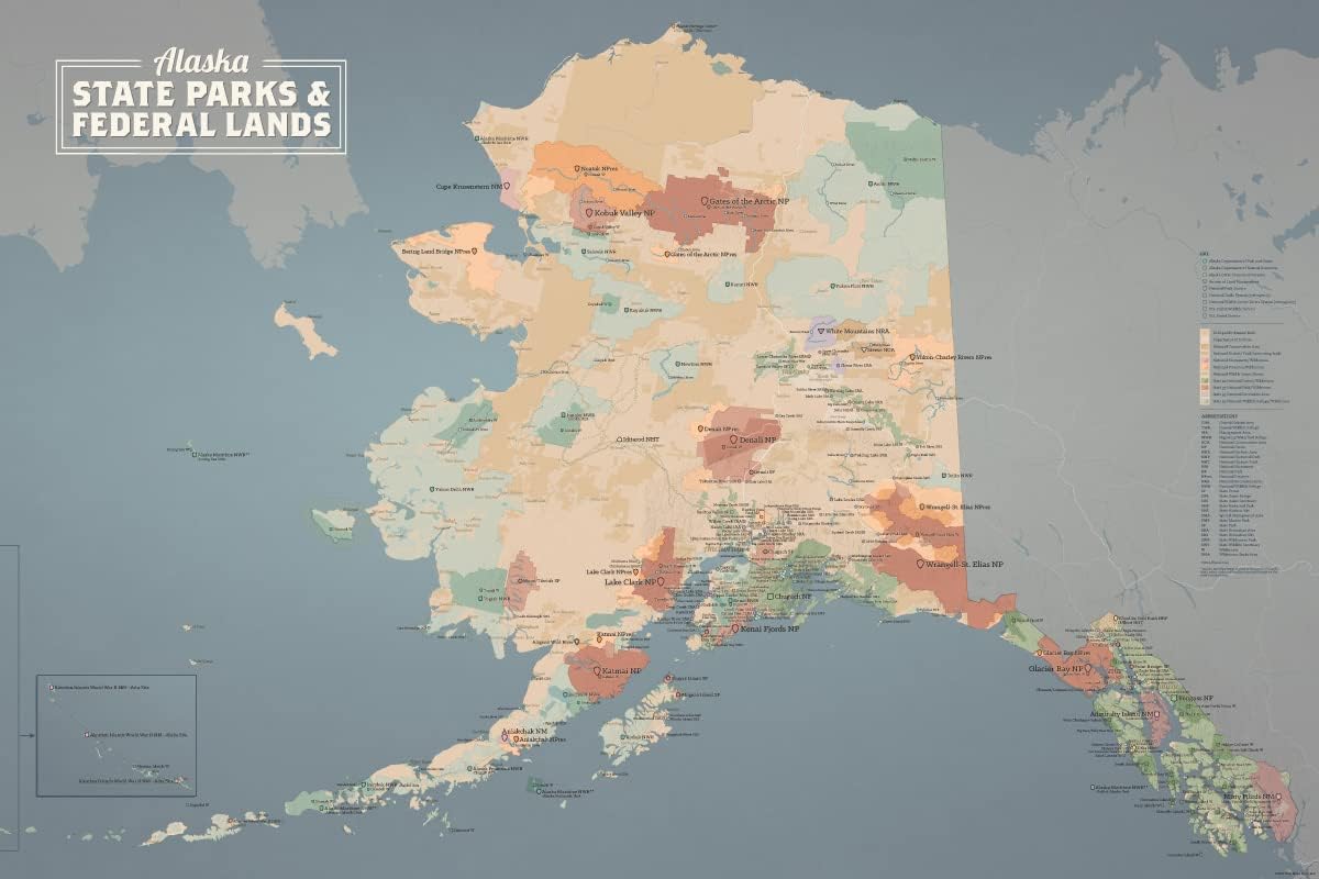 Alaska State Parks & Federal Lands Map 24x36 Poster (Tan & Slate Blue)