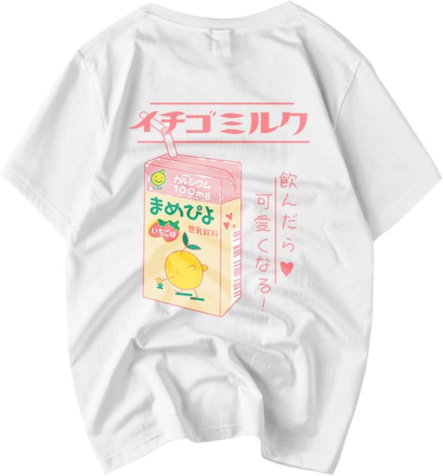 Womens Cotton Crewneck T Shirts Japanese Style Cute Cartoon Print Soft Casual Short Sleeve Shirts for Summer