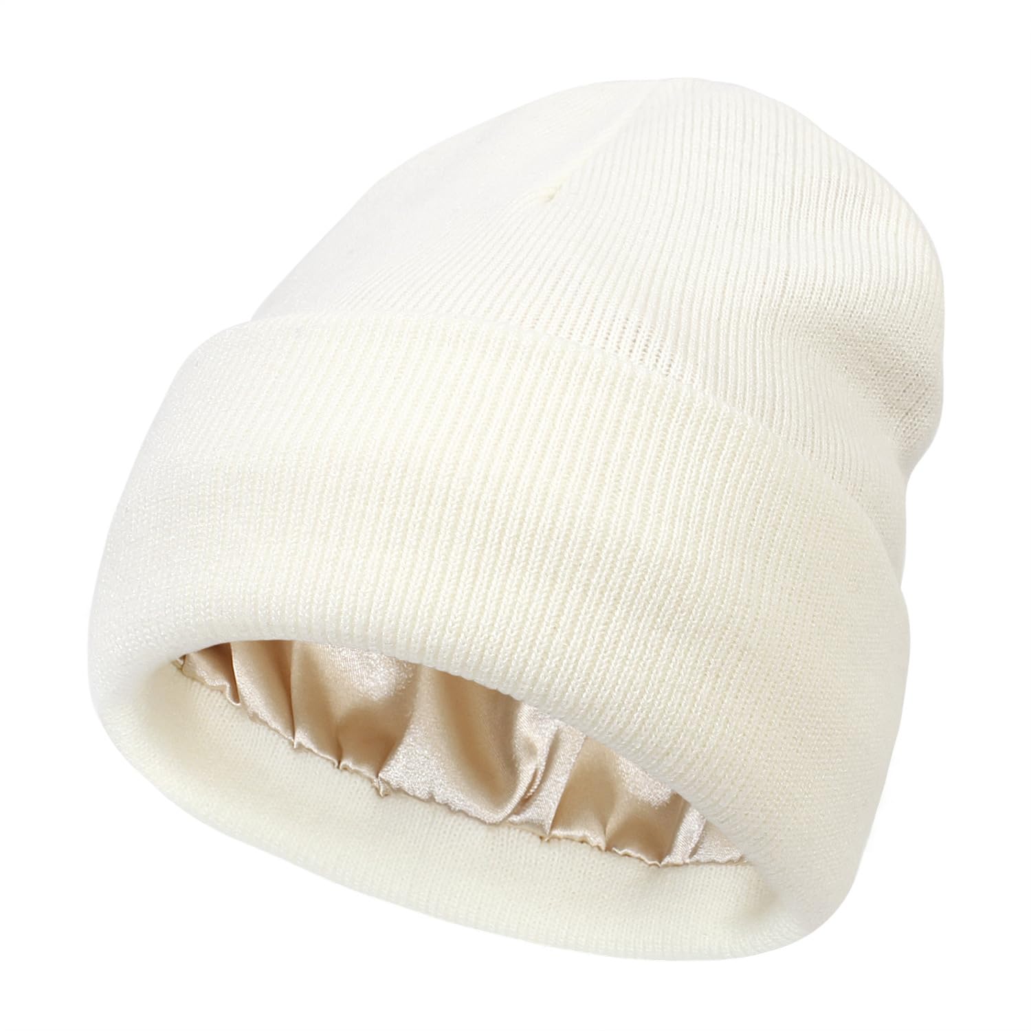 No Static No Frizz No Tangle Hat, Satin Lined Hats for Women, Ladies Winter Silk Lined Beanie, Knit Solid Slouchy Sleep Hats White